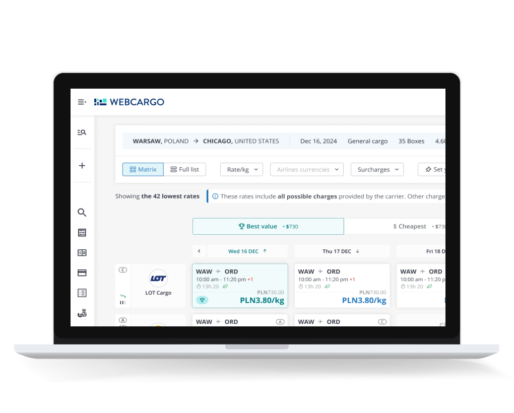 Example of how LOT Cargo rates appear on the WebCargo platform